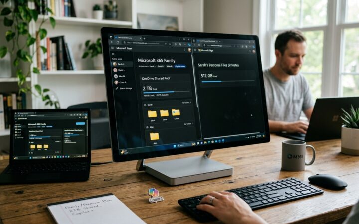 Illustration éditoriale — Microsoft 365 : Copilot se partage, OneDrive se resserre