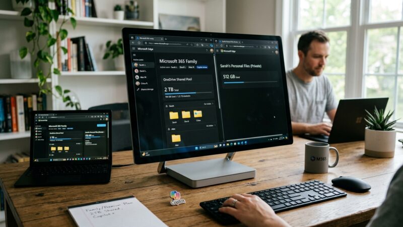 Illustration éditoriale — Microsoft 365 : Copilot se partage, OneDrive se resserre
