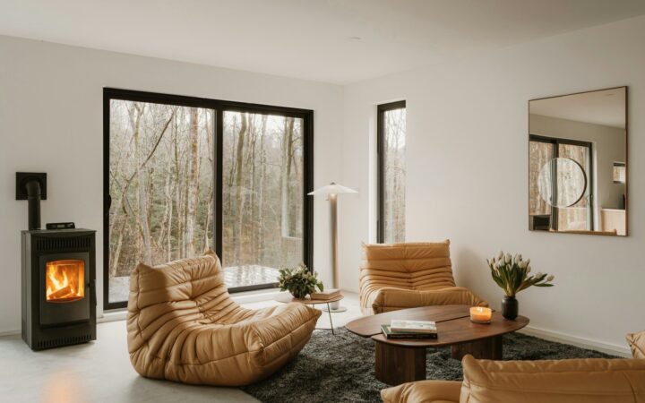 Modern living room with fireplace and forest view